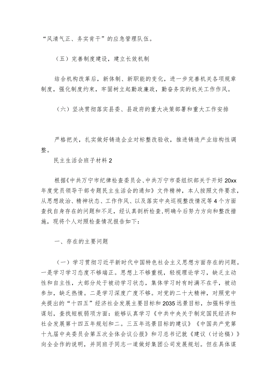 民主生活会班子材料范文20232024(通用6篇).docx_第2页