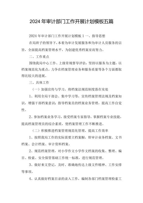 2024年审计部门工作开展计划模板五篇.docx