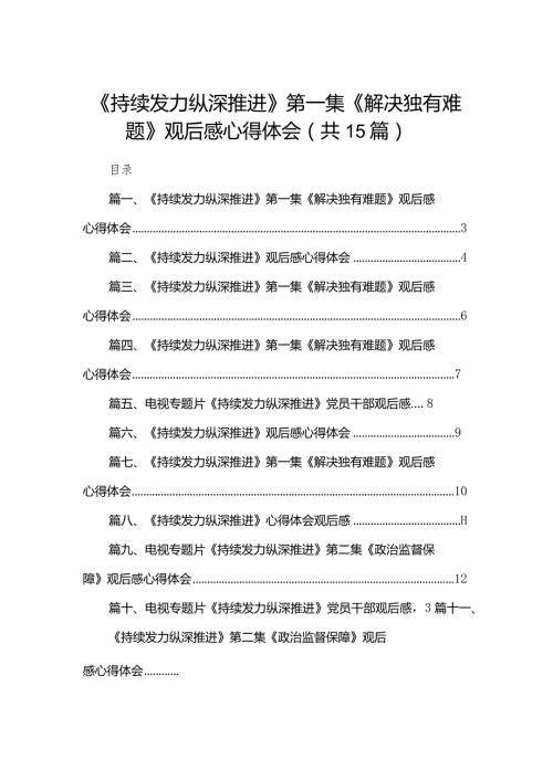 《持续发力纵深推进》第一集《解决独有难题》观后感心得体会（共15篇）汇编(1).docx