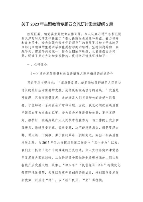 关于2023年主题教育专题四交流研讨发言提纲2篇.docx