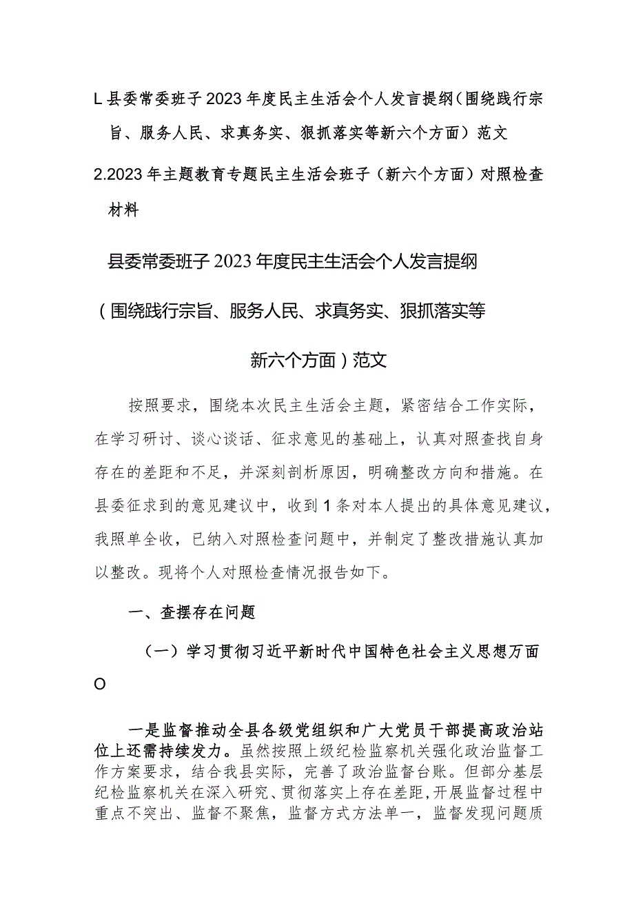 两篇：班子2023民主生活会个人新六个方面对照检查发言提纲（围绕践行宗旨、服务人民、求真务实、狠抓落实等）范文.docx_第1页
