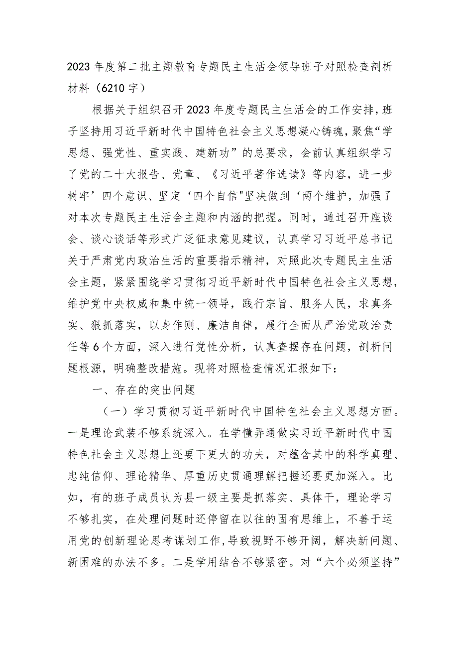 （班子）2023主题教育专题民主生活会对照检查剖析材料（践行宗旨等6个方面）.docx_第1页