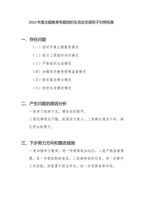 党支部班子执行上级组织决定、严格组织生活、加强党员教育管理监督、联系服务群众、抓好自身建设六个情况主题教育专题组织生活会对照检查材料.docx