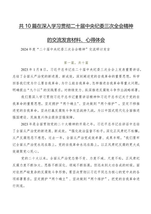 共10篇在深入学习贯彻二十中央纪委三次全会精神的交流发言材料、心得体会.docx