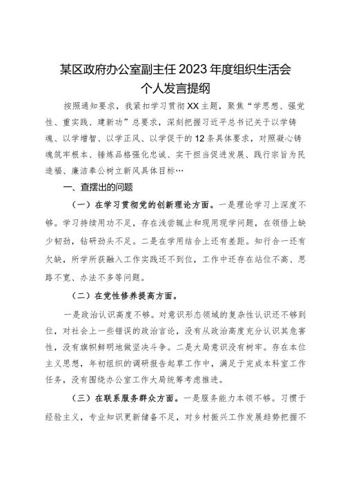 某区政府办公室副主任2023组织生活会个人发言提纲.docx