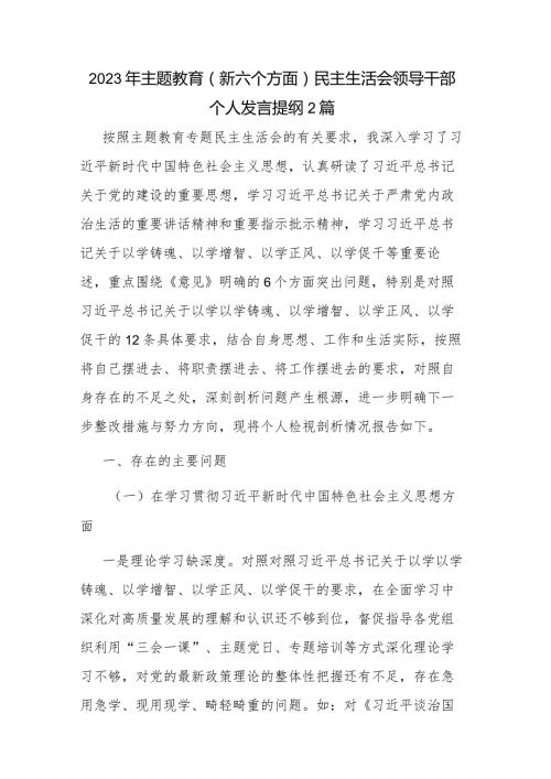 2023年主题教育（新六个方面)民主生活会领导干部个人发言提纲2篇.docx