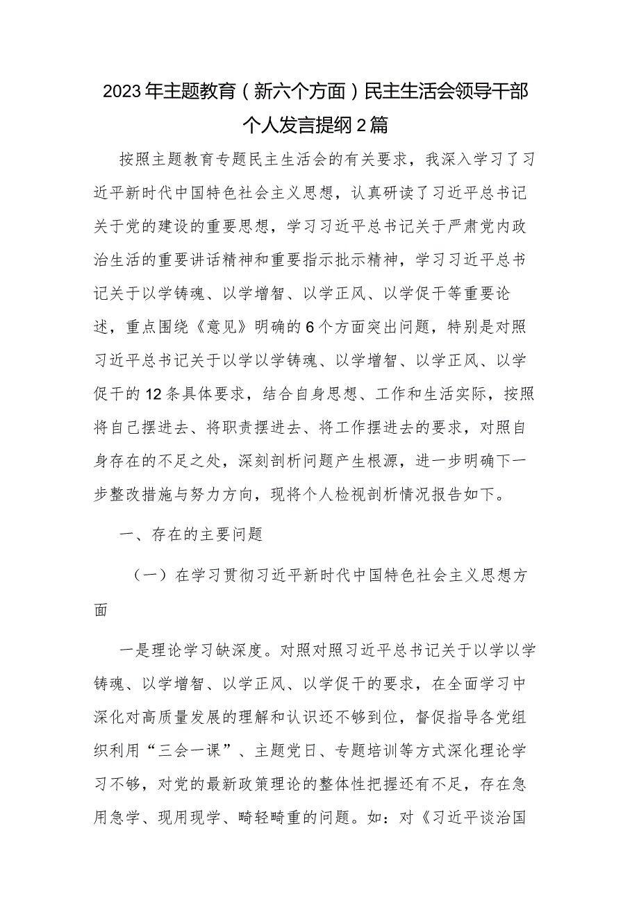2023年主题教育（新六个方面)民主生活会领导干部个人发言提纲2篇.docx_第1页
