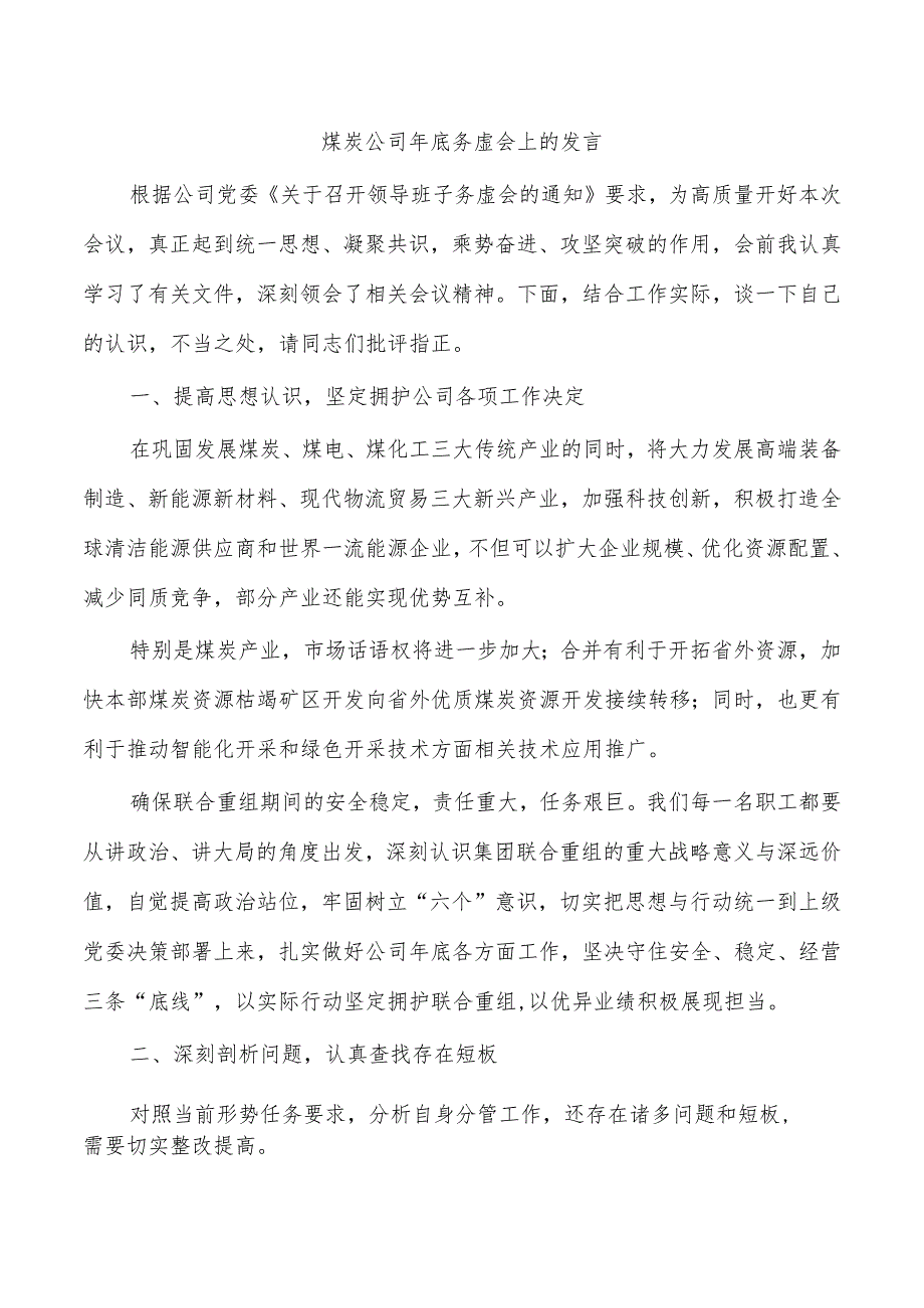煤炭公司年底务虚会上的发言.docx_第1页
