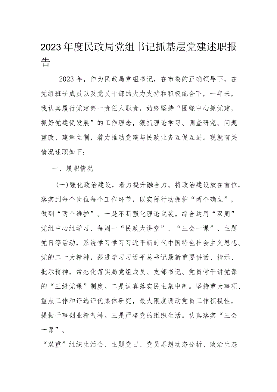 2023民政局党组书记抓基层党建述职报告(1).docx_第1页