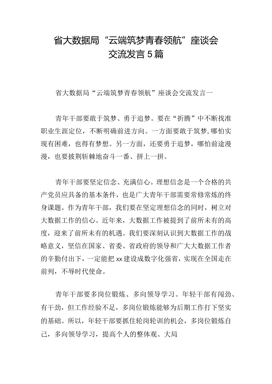 省大数据局“云端筑梦 青领航”座谈会交流发言5篇.docx_第1页