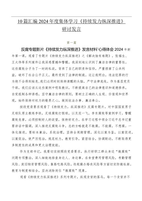 10篇汇编2024集体学习《持续发力 纵深推进》研讨发言.docx