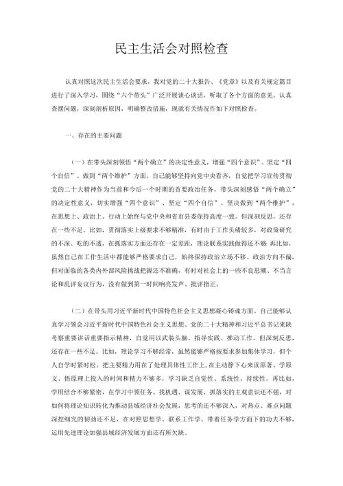民主生活会对照检查.docx