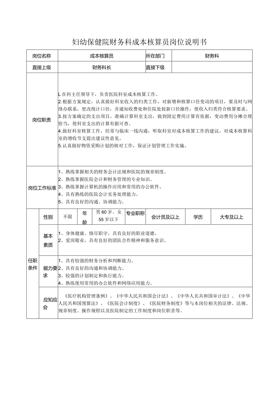 妇幼保健院财务科成本核算员岗位说明书.docx_第1页