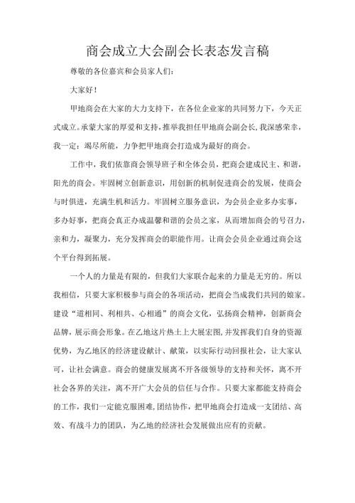 商会成立大会副会长表态发言稿.docx