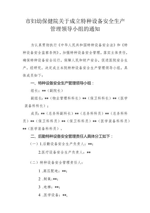 市妇幼保健院关于成立特种设备安全生产管理领导小组的通知.docx