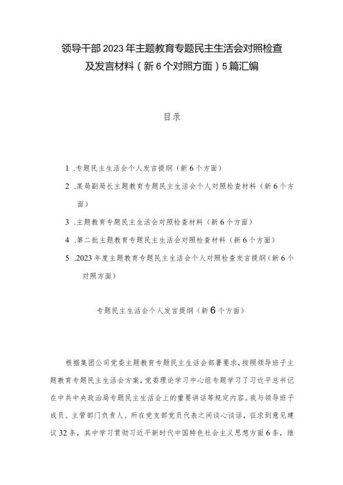 领导干部2023年主题教育专题民主生活会对照检查及发言材料（新6个对照方面）5篇汇编.docx