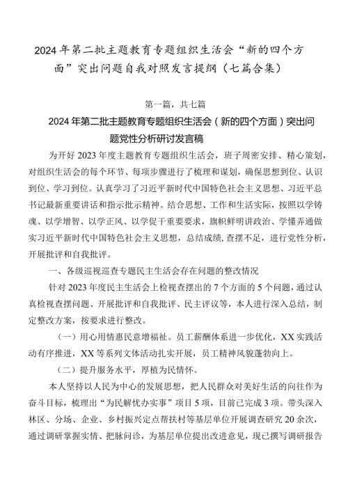 2024年第二批集中教育专题组织生活会“新的四个方面”突出问题自我对照发言提纲（七篇合集）.docx