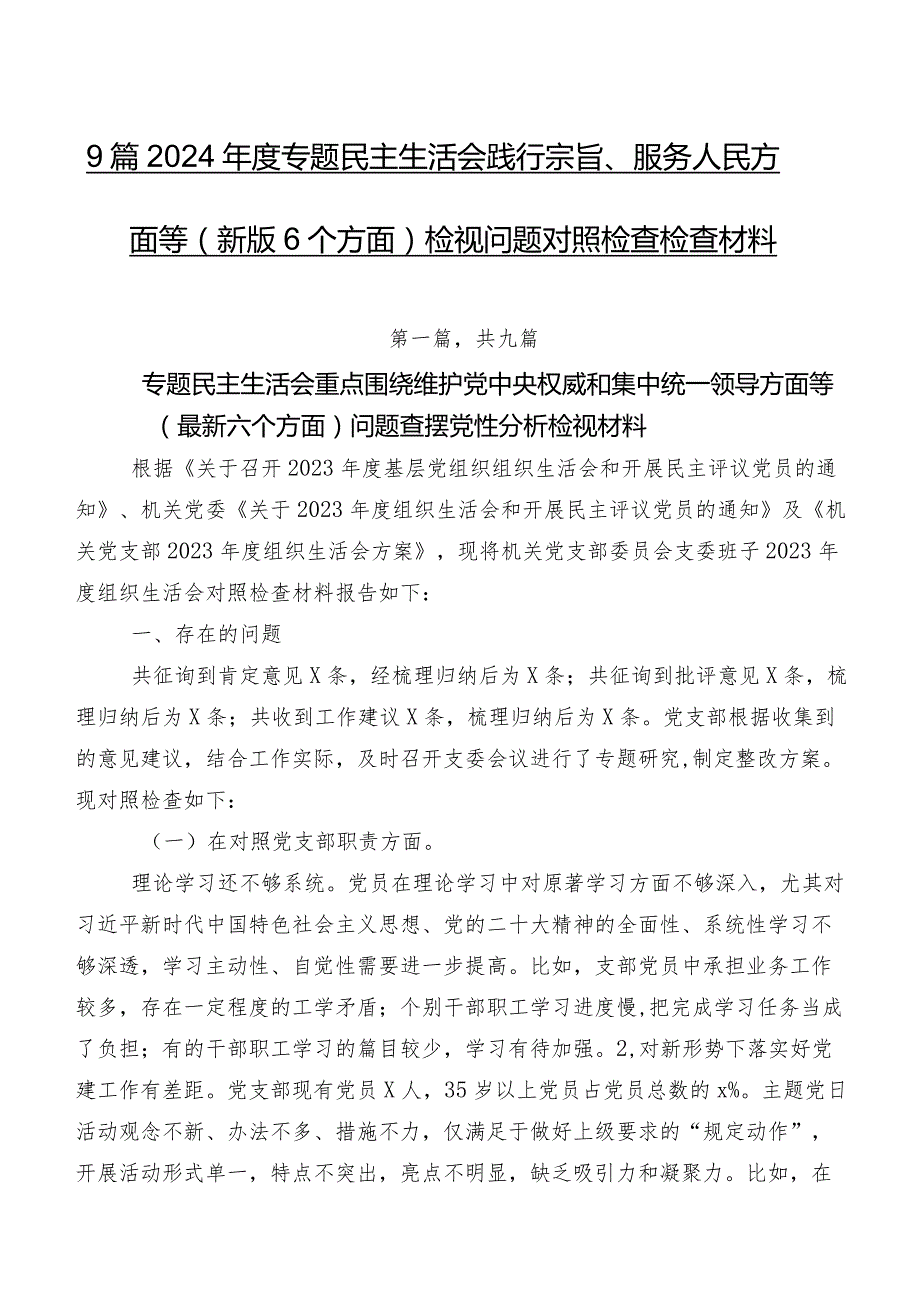 9篇2024专题民主生活会践行宗旨、服务人民方面等(新版6个方面)检视问题对照检查检查材料.docx_第1页