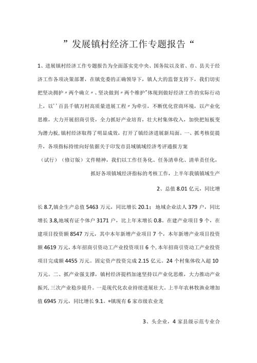 发展镇村经济工作专题报告.docx