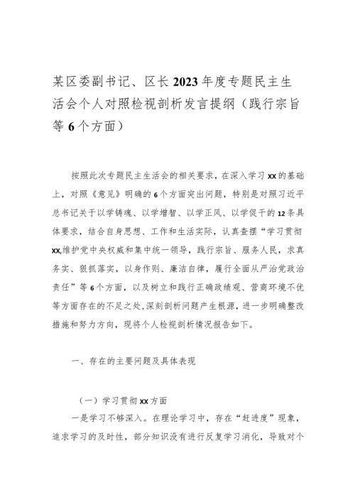 某区委副书记、区长2023专题民主生活会个人对照检视剖析发言提纲（践行宗旨等6个方面）.docx
