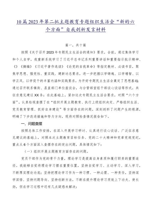 10篇2023年第二批专题教育专题组织生活会“新的六个方面”自我剖析发言材料.docx