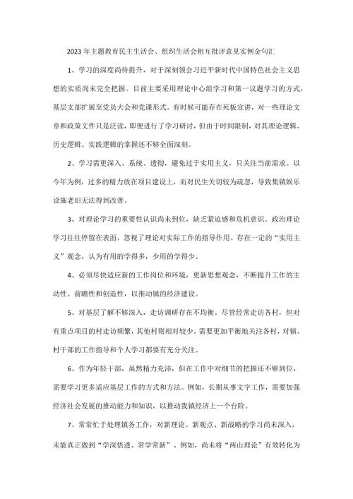 2023年主题教育民主生活会、组织生活会相互批评意见实例金句汇.docx