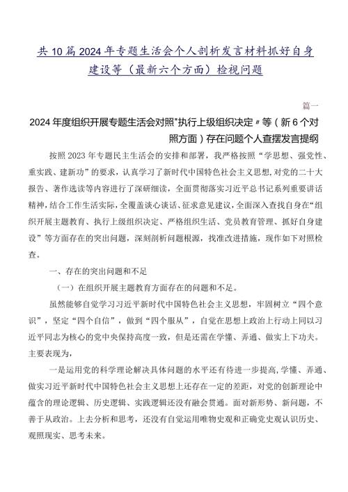 共10篇2024年专题生活会个人剖析发言材料抓好自身建设等(最新六个方面)检视问题.docx