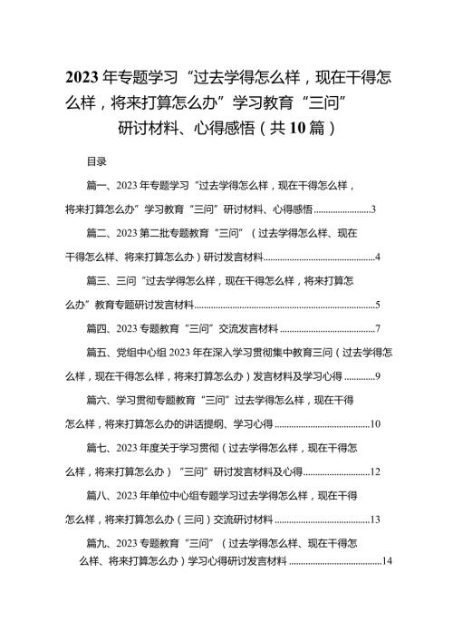 2023年专题学习“过去学得怎么样现在干得怎么样将来打算怎么办”学习教育“三问”研讨材料、心得感悟（共10篇）.docx