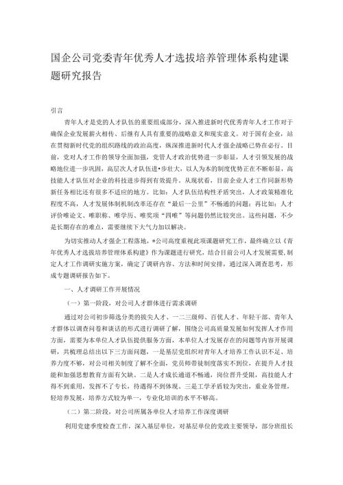 国企公司党委青年优秀人才选拔培养管理体系构建课题研究报告.docx