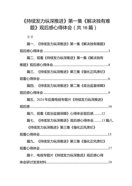 《持续发力纵深推进》第一集《解决独有难题》观后感心得体会范文精选(16篇)(1).docx