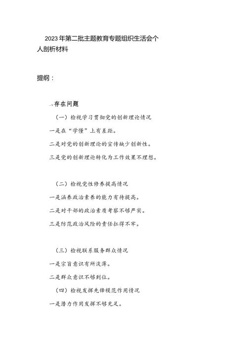 党员干部个人检视学习贯彻党的创新理论、党性修养提高、联系服务群众、发挥先锋模范作用情况四个方面专题检视剖析材料.docx