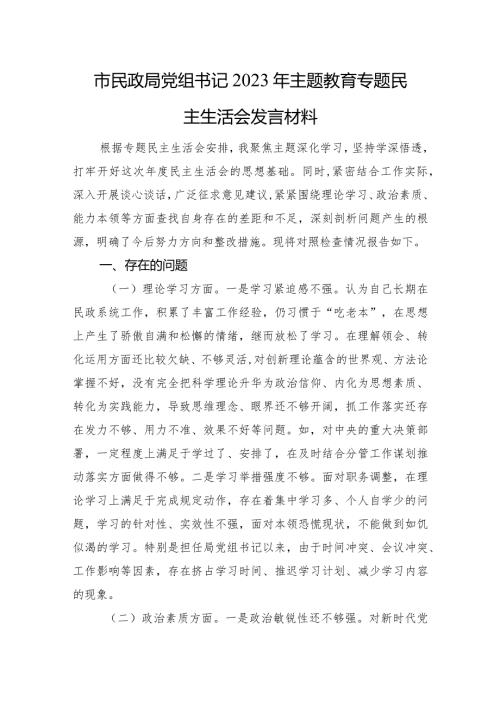 市民政局党组书记2023年主题教育专题民主生活会发言材料.docx