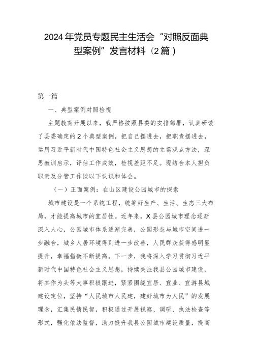 2024年党员专题民主生活会“对照反面典型案例”发言材料(2篇).docx