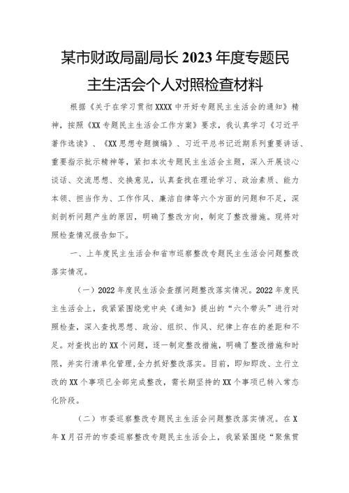 某市财政局副局长2023专题民主生活会个人对照检查材料.docx