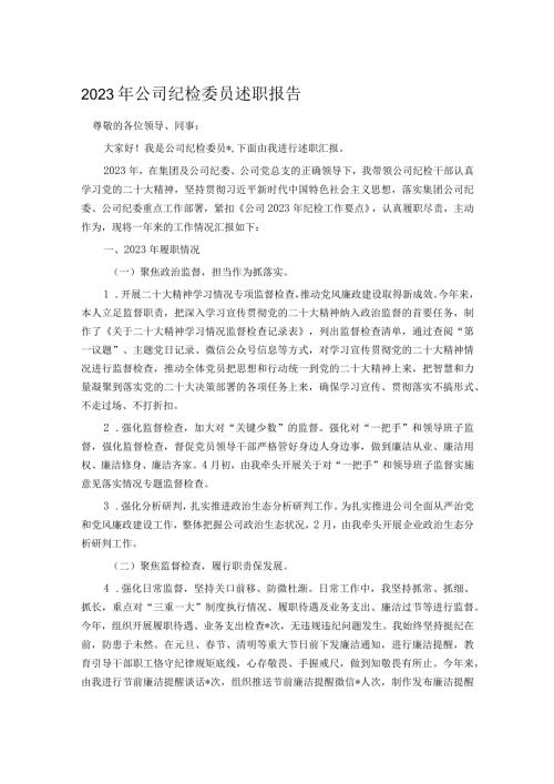 2023年公司纪检委员述职报告.docx