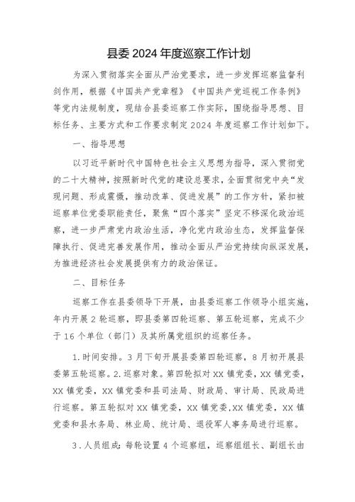 县委2024巡察工作计划要点.docx