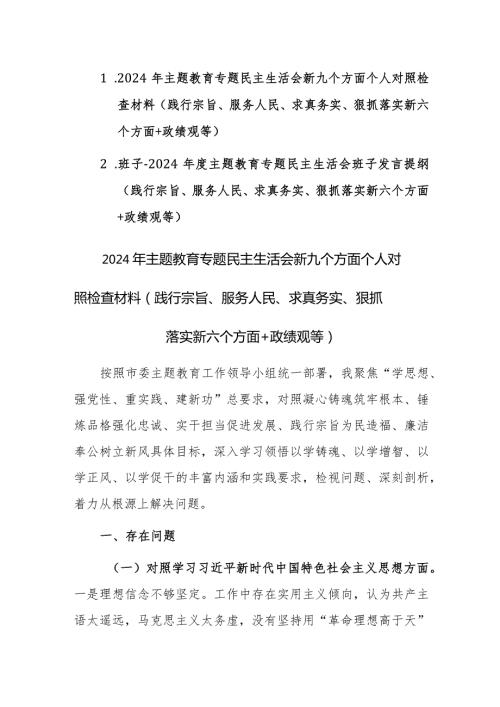 两篇：2024年主题教育专题民主生活会新六个方面对照检查材料（践行宗旨、服务人民、求真务实、狠抓落实+政绩观等新九个方面）范文.docx