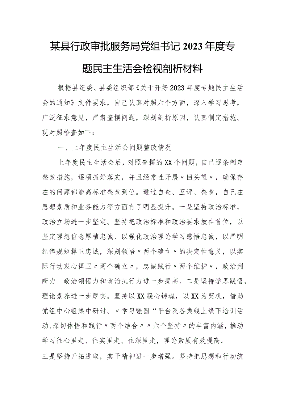 某县行政审批服务局党组书记2023专题民主生活会检视剖析材料.docx_第1页