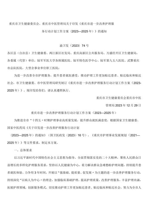 重庆市卫生健康委员会、重庆市中医管理局关于印发《重庆市进一步改善护理服务行动计划工作方案(2023—2025年)》的通知.docx