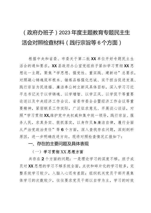 （政府办班子）2023主题教育专题民主生活会对照检查材料（践行宗旨等6个方面）2篇.docx