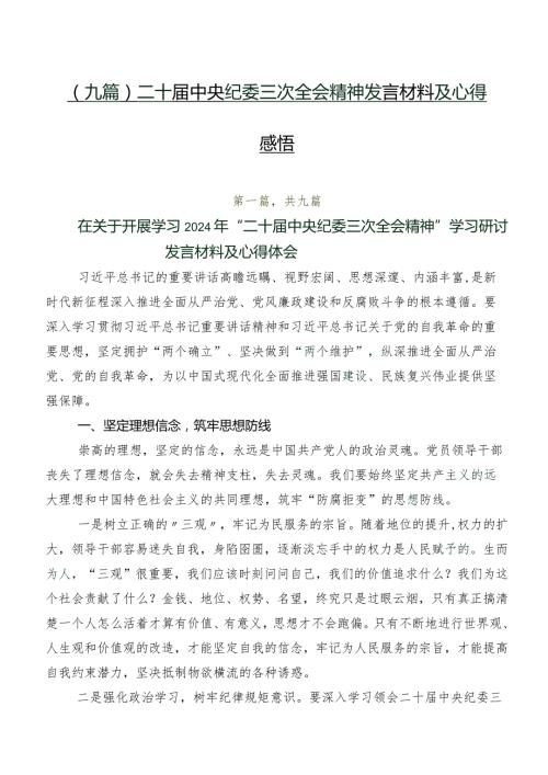 （九篇）二十中央纪委三次全会精神发言材料及心得感悟.docx