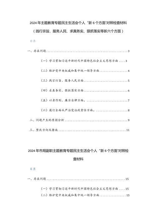 两篇：2024年主题教育专题民主生活会个人“新6个方面”对照检查材料（践行宗旨、服务人民、求真务实、狠抓落实等新六个方面）.docx