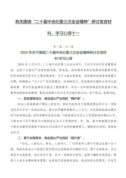 有关围绕“二十中央纪委三次全会精神”研讨发言材料、学习心得十篇.docx