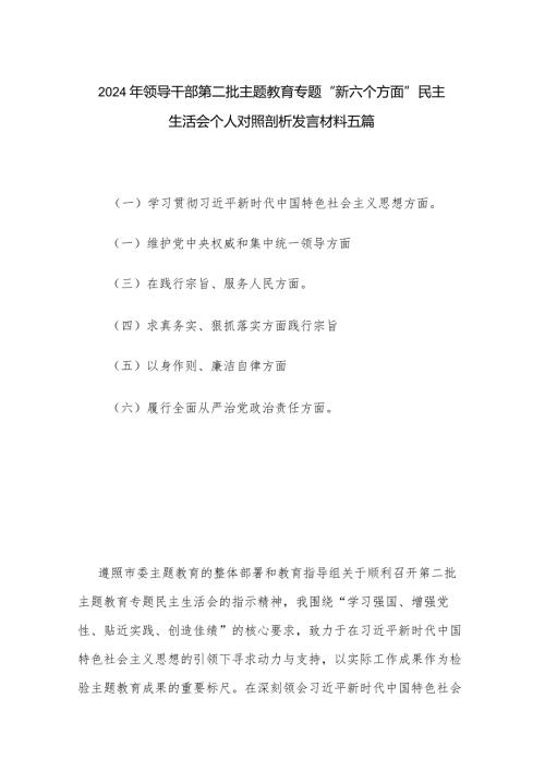 2024年领导干部第二批主题教育专题“新六个方面”民主生活会个人对照剖析发言材料五篇.docx