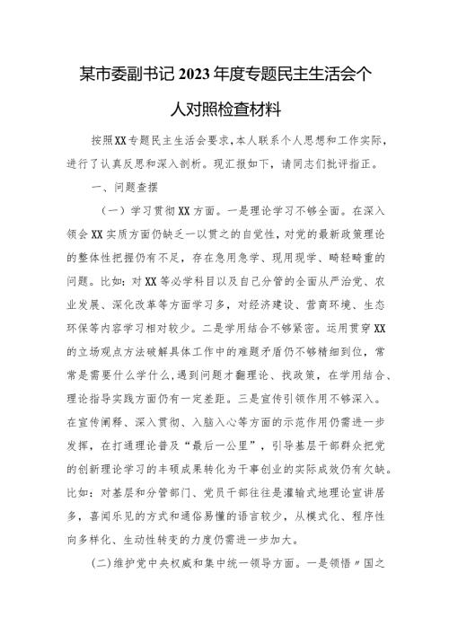 某市委副书记2023专题民主生活会个人对照检查材料.docx
