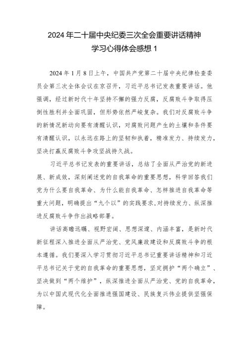 2024年二十中央纪委三次全会重要讲话精神学习心得体会感想10篇.docx