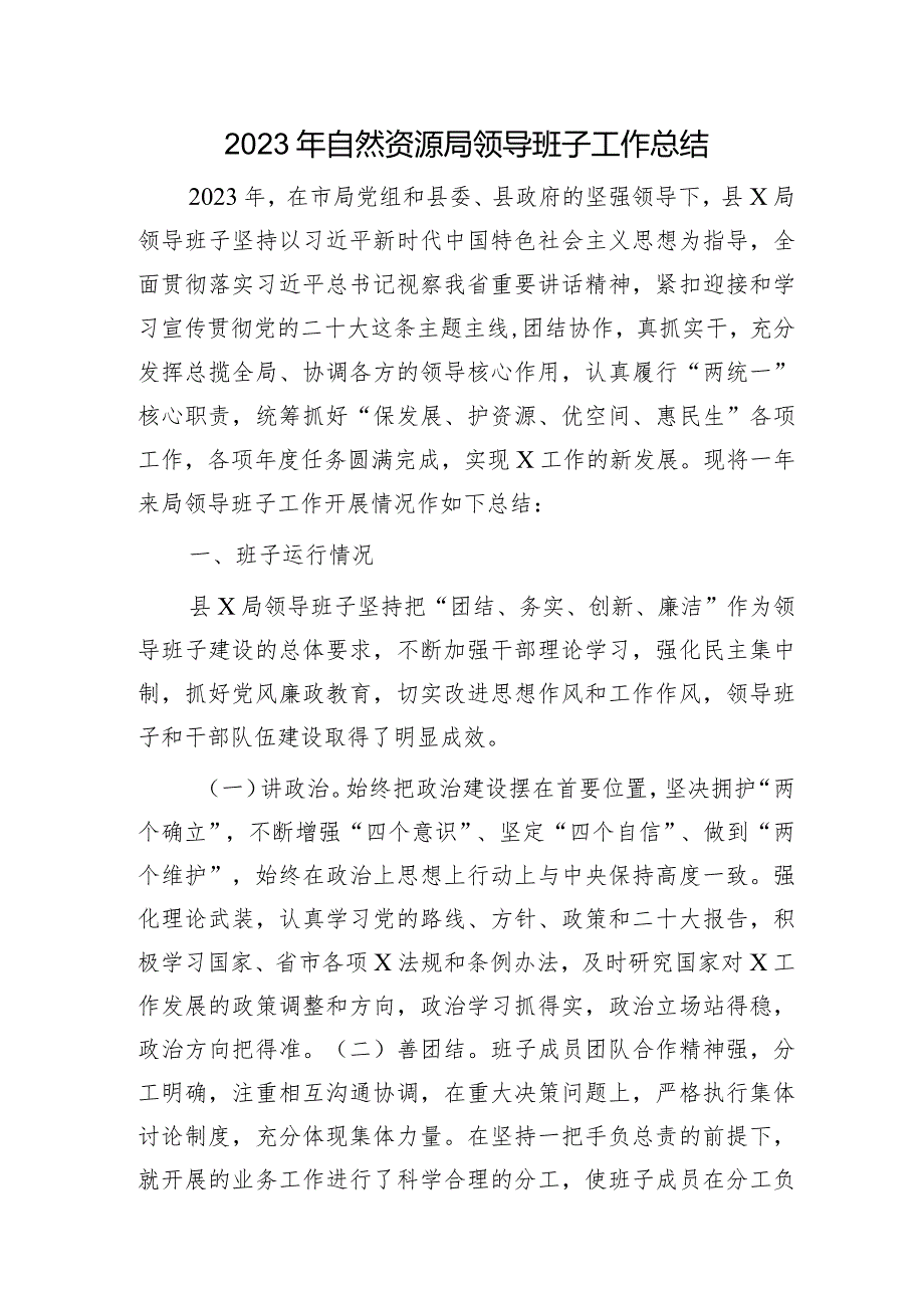 2023年自然资源局领导班子工作总结.docx_第1页