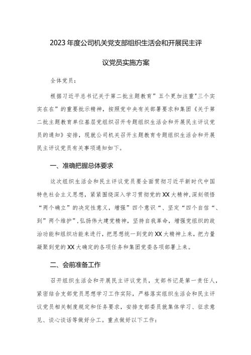 2023公司机关党支部组织生活会和开展民主评议党员实施方案方案.docx