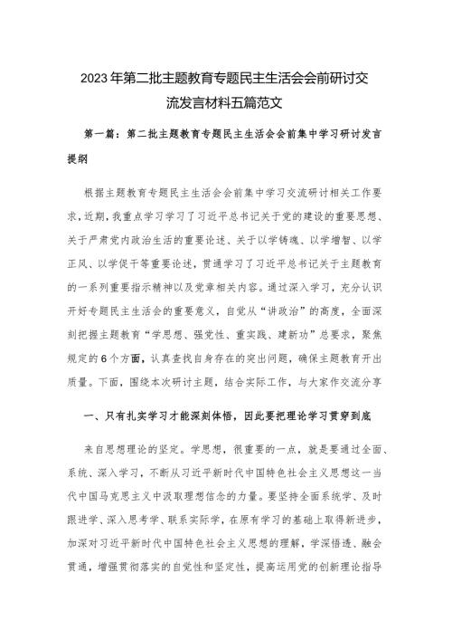 2023年第二批主题教育专题民主生活会会前研讨交流发言材料五篇范文.docx
