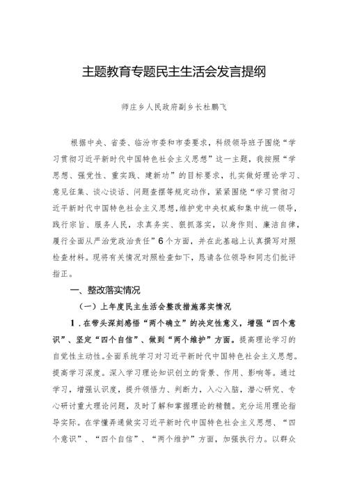 主题教育专题民主生活会发言提纲杜鹏飞.docx